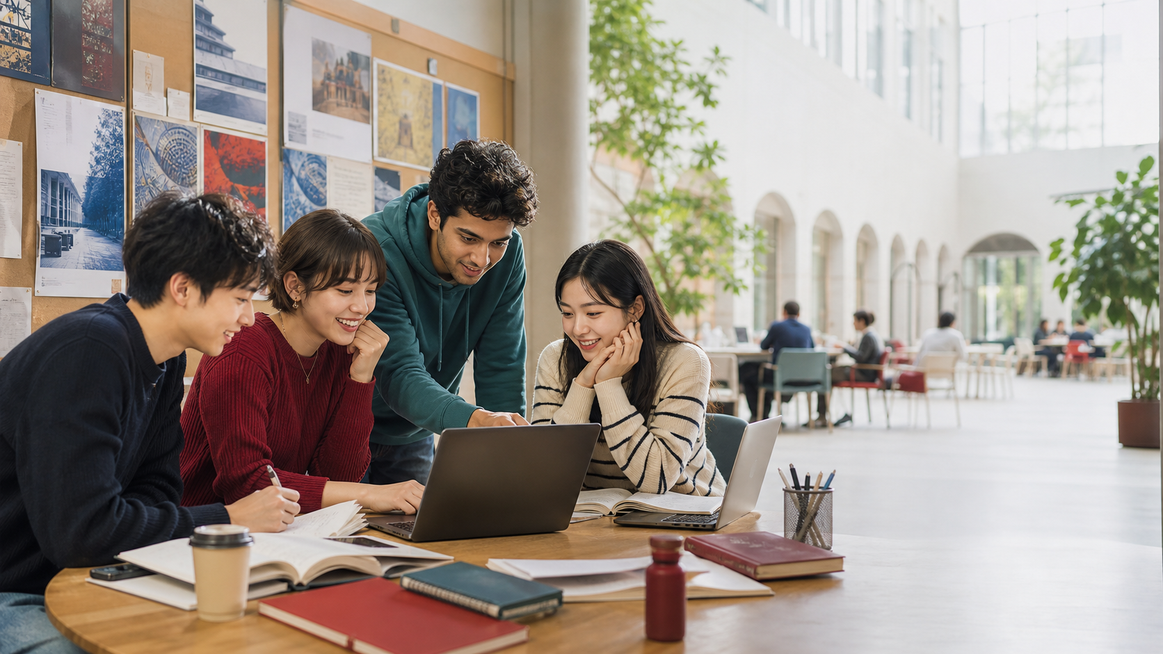 Students comparing seminar topics in a bright university commons